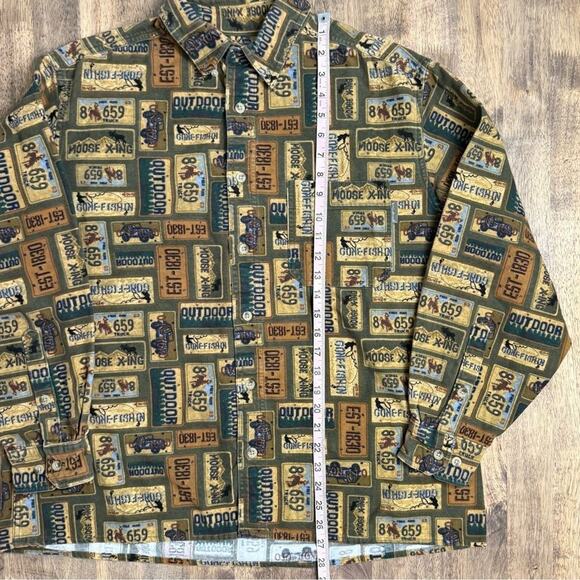 Woolrich Men’s VTG Gone Fishing License Plate Button Front Long Sleeve Sz Large - Picture 5 of 7